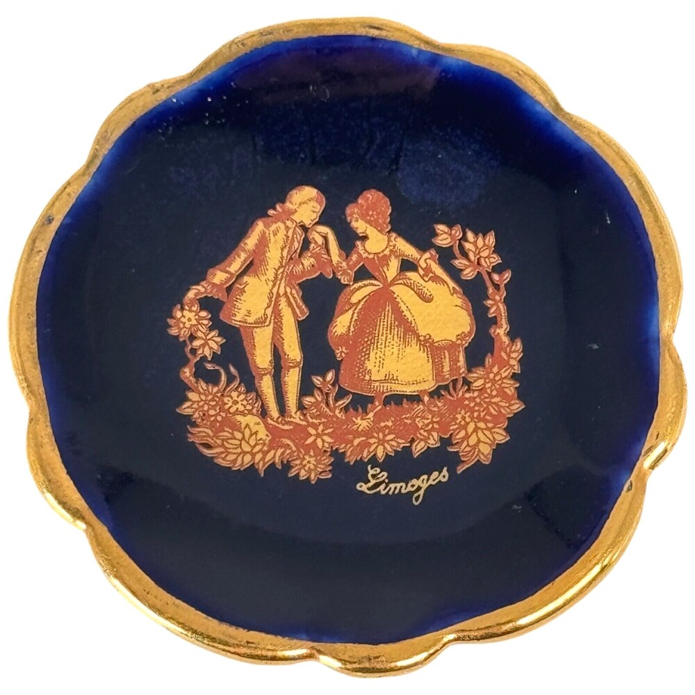 Limoges Dance Couple Figures Mini Plate ~2" Blue Gold Porcelain France VTG